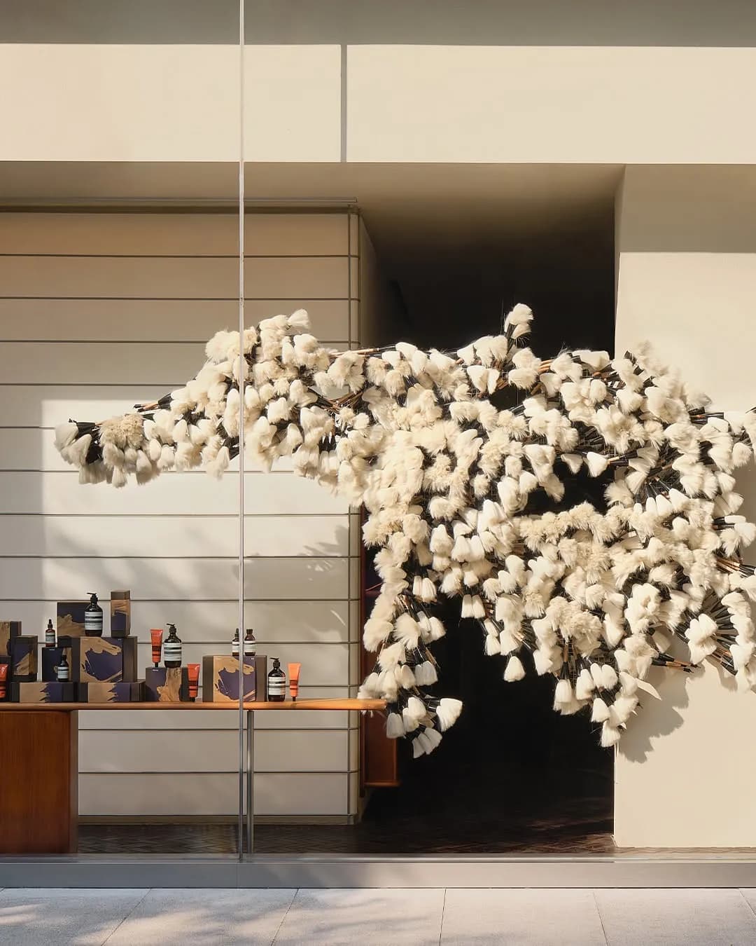 To herald the Year of the Horse, swathes of Chinese calligraphy brushes have appeared behind select Aesop windows around the world. Arranged to mimic the sweeping motion of the animal’s tail, these forms capture the sense of an unbridled spirit, extending wishes for a year of confidence, power and poise.